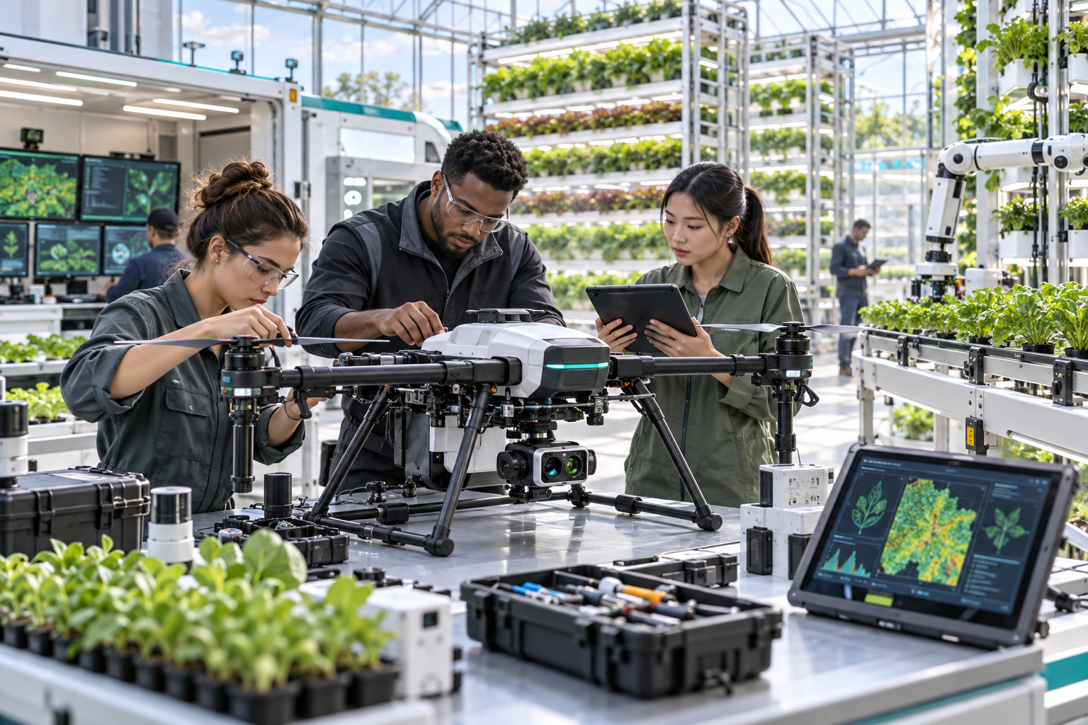 Drones y agricultura de precisión: sensores, robótica y análisis de datos.